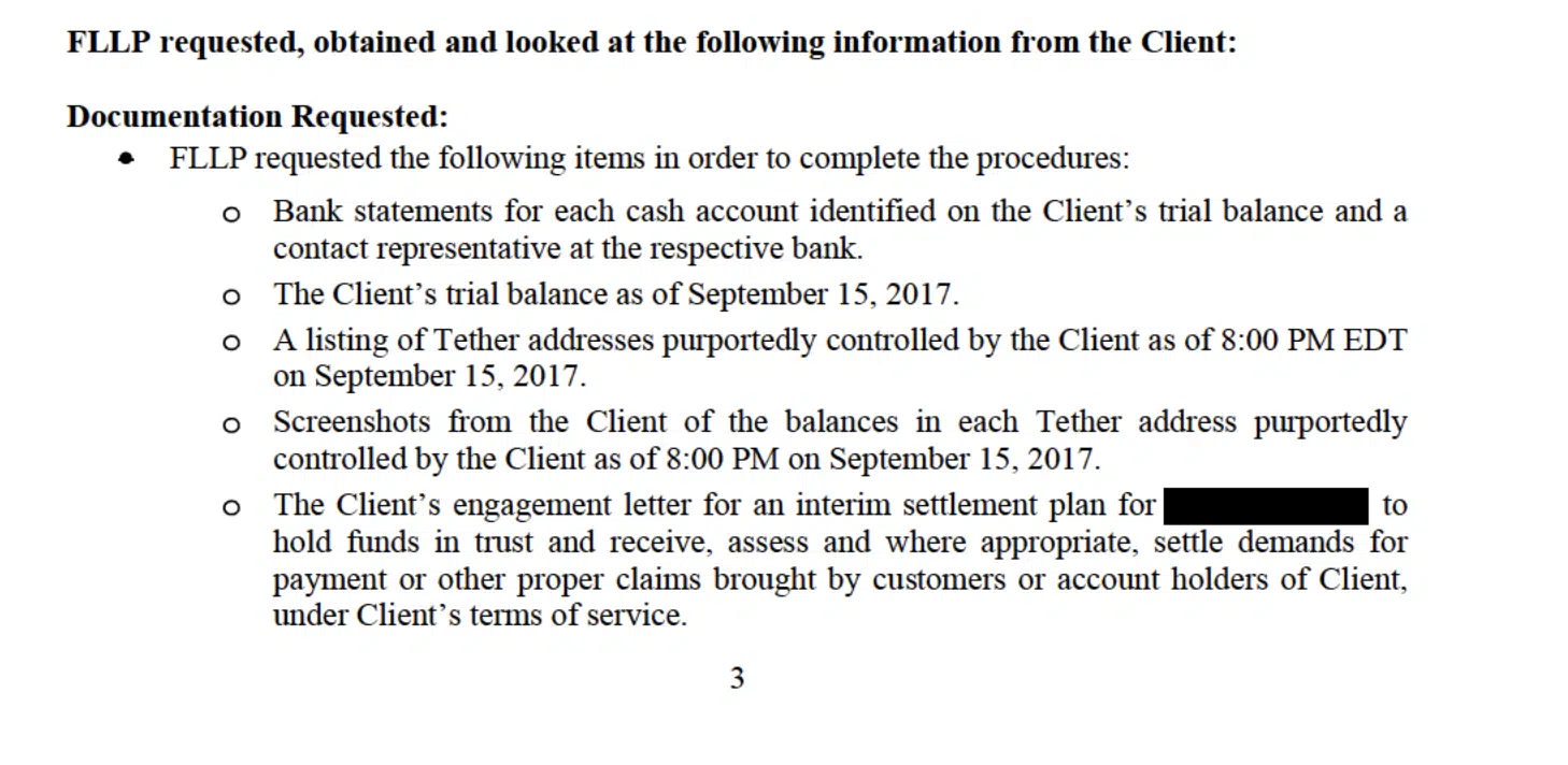 List of documents reviewed by Friedman LLP's to conduct Tether's historical balance sheet audit procedures