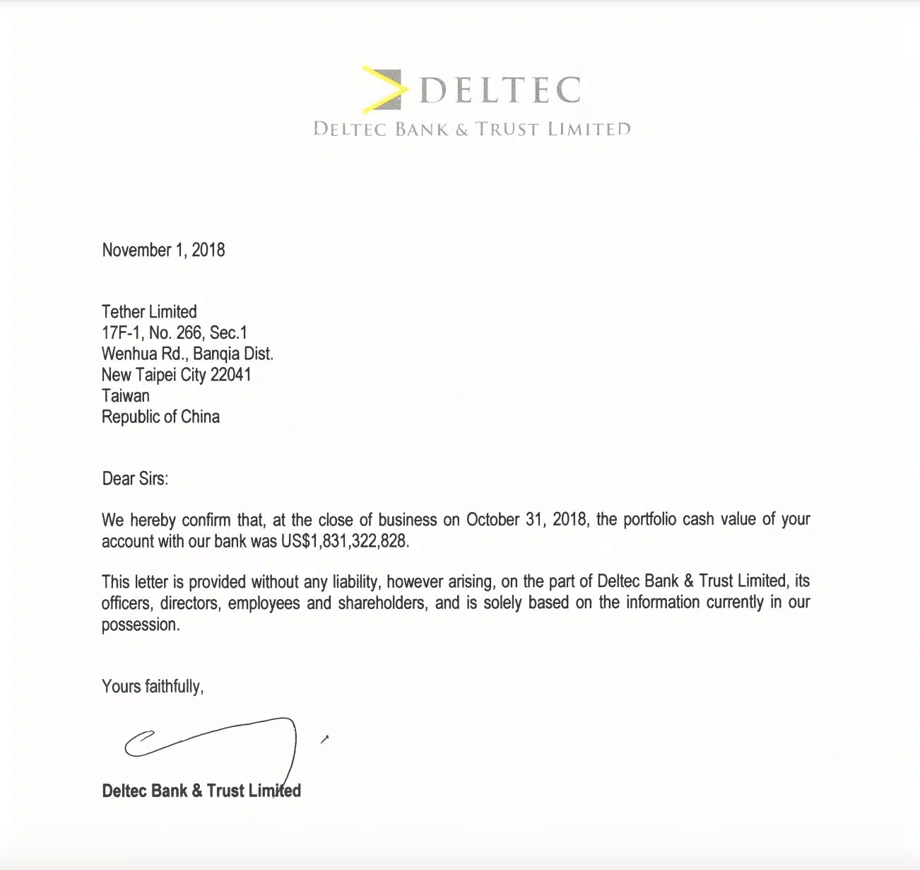 Deltec's letter to Tether confirming its cash portfolio
