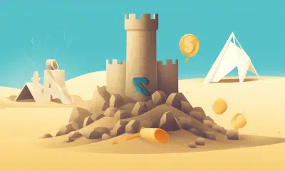 A sandcastle with The Sandbox logo, symbolizing the holders facing losses, while a magnifying glass hones in on the introduction of staking KYC. The sandcastle starts to crumble, representing the losses experienced by holders. In the background, symbols of KYC and staking highlight the introduced process. The scene conveys a sense of concern and scrutiny, utilizing contrasting colors and visual elements to emphasize the impact of the introduction of staking KYC on The Sandbox holders and the discussions within the cryptocurrency community about the potential reasons behind the losses and the implications of KYC on user participation and security measures within the platform.